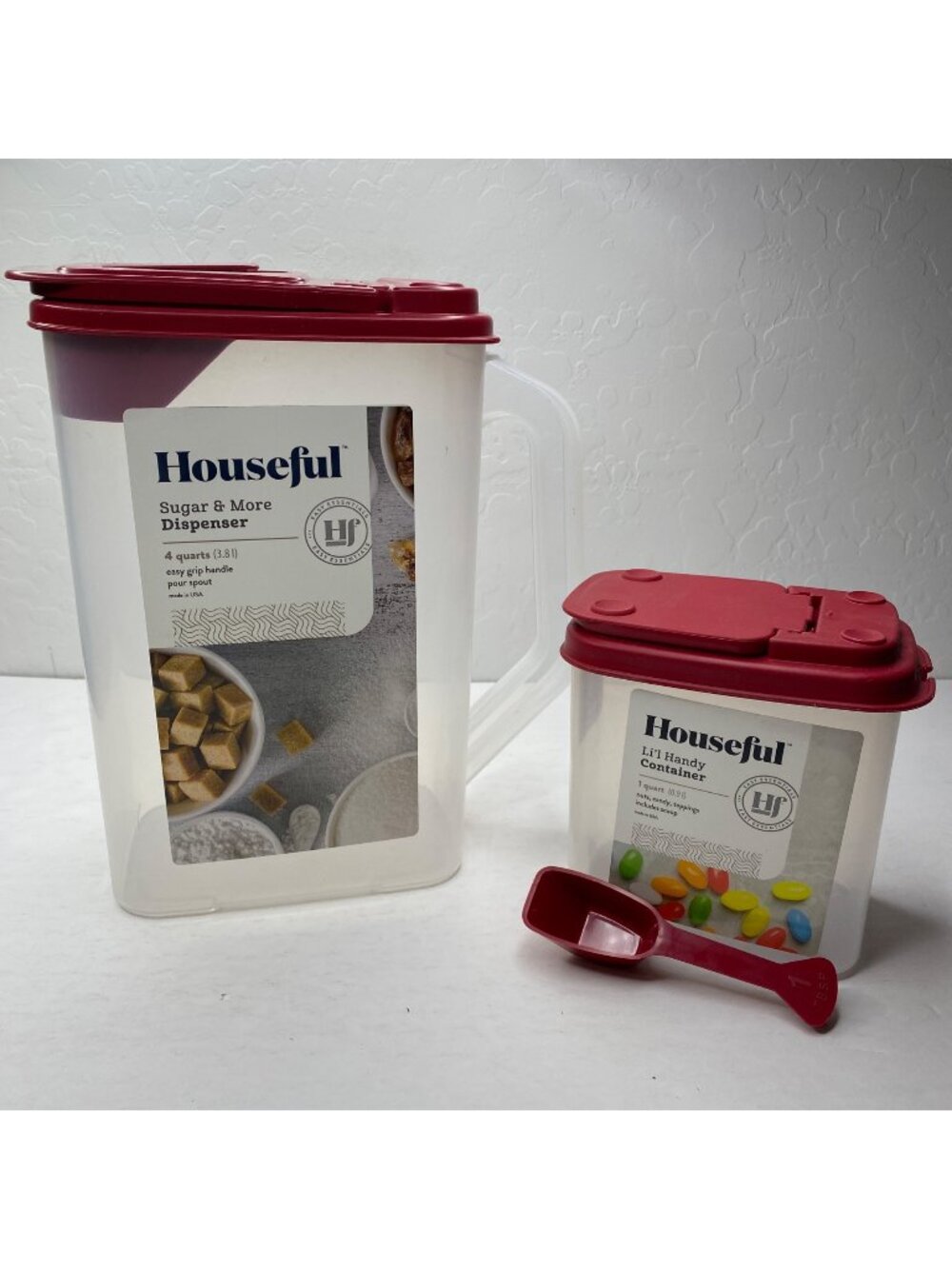 Houseful Kitchen Sugar 4 Qt  Lil Handy Container 1 Qt W/ Scoop Red Lids